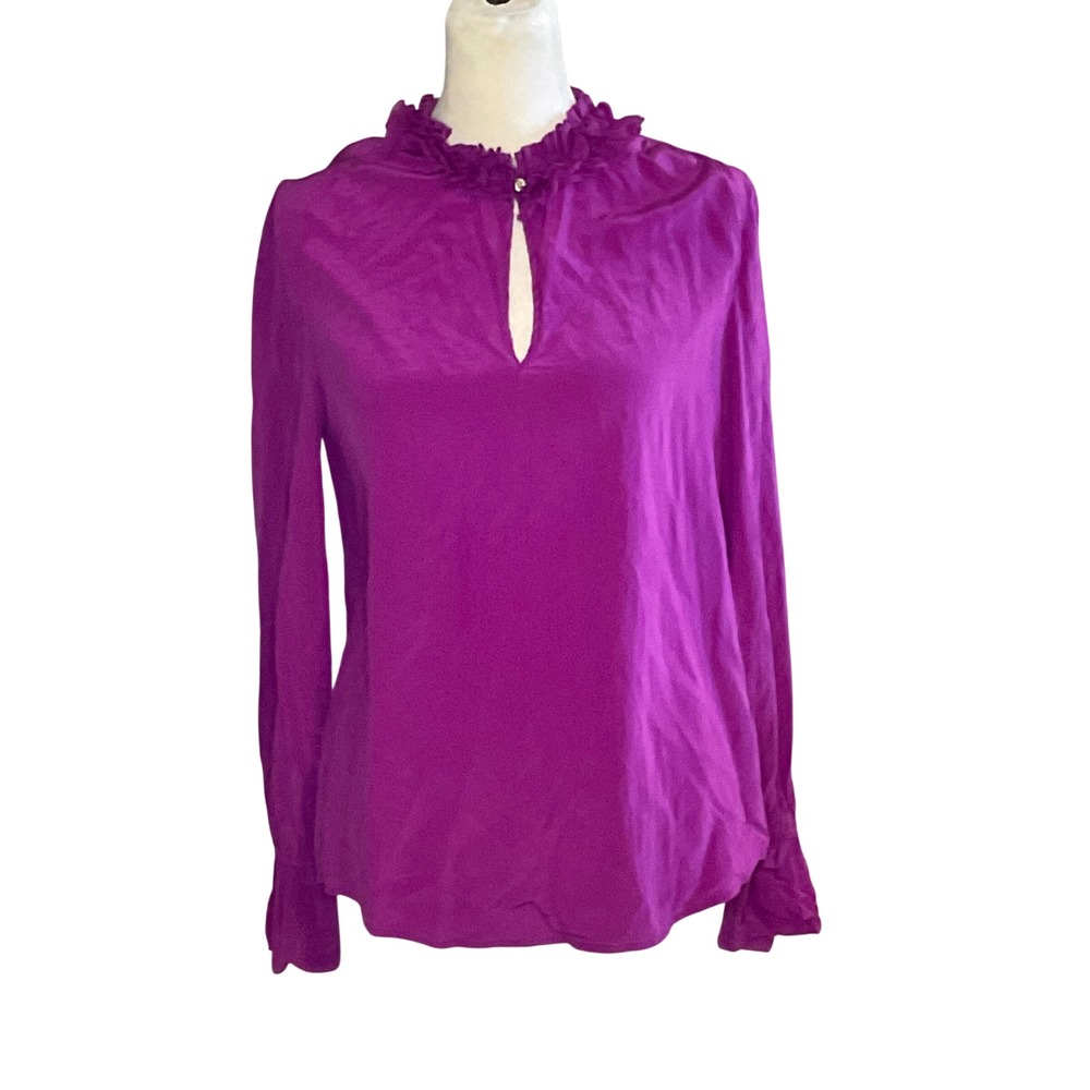 J. Crew women's royal purple 100% silk ruffle blouse satiny bold vibrant